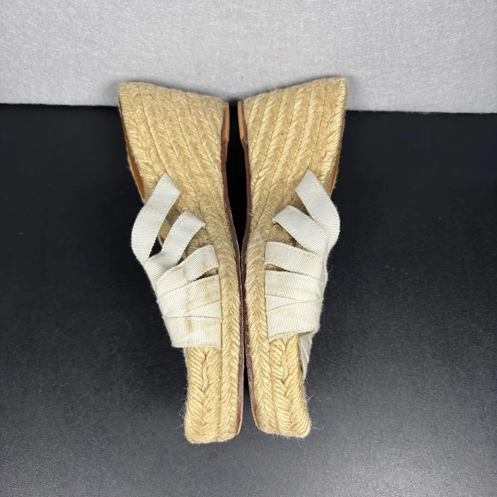 Stubbs & Wootton Espadrille Wedge Sandals White Grace Grosgrain Straps Size 38/8